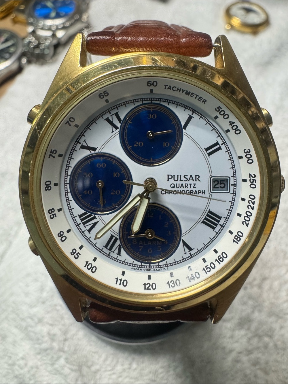 Pulsar Gold Case Watch with White Dial and Blue Subdials